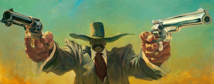 The Double Fist painting depicts a gunslinger in a wide-brimmed hat and suit, holding two revolvers aimed forward. A dramatic Wild West scene unfolds with vibrant yellow and green hues in the background.