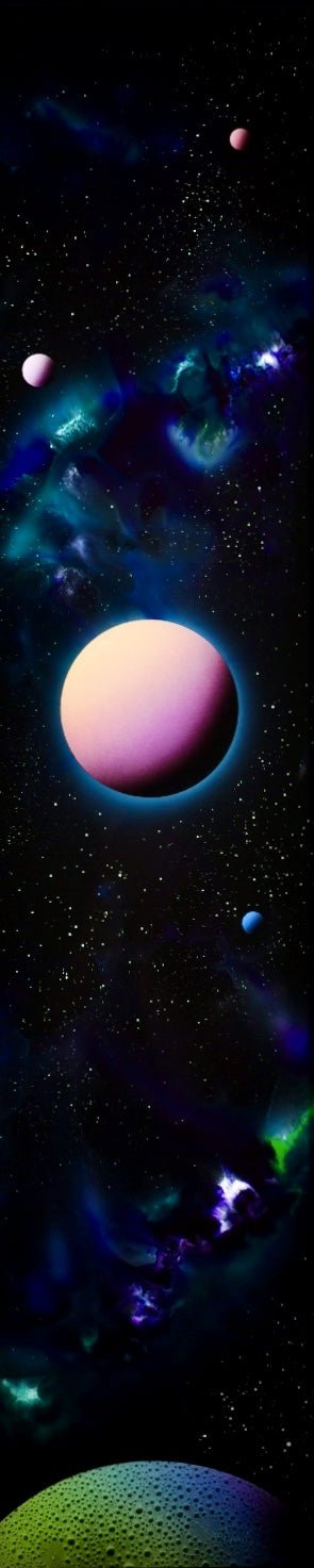 Drifter, a vertical space-themed illustration, features a colorful planet center stage amid stars, nebulae, and smaller planets. This sci-fi decor piece boasts a textured green surface emerging from the bottom against a predominantly black backdrop.