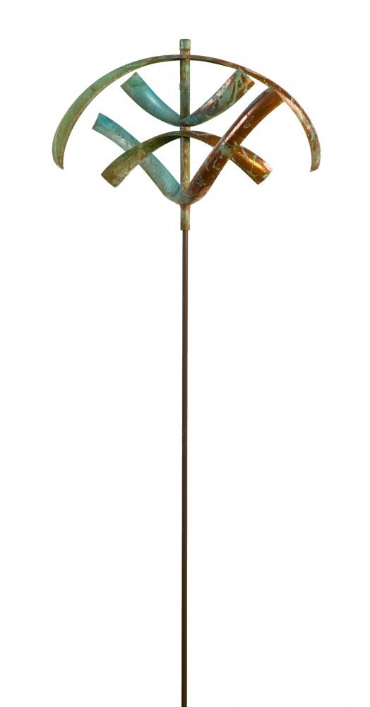 Introducing Elements - Earth, a kinetic garden sculpture featuring curved metal elements arranged in a semi-circle on a tall, vertical rod. Inspired by Lyman Whitaker art, it boasts a patina finish in green and bronze hues and spins with the wind. Available at Marcus Ashley Gallery, Lake Tahoe.