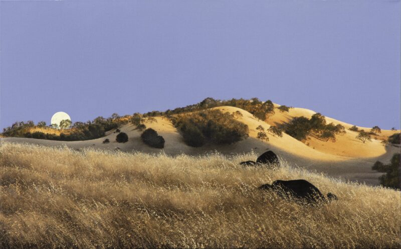 The artwork El Dorado Moonrise showcases a serene landscape with golden hills under a clear blue sky. The moon casts gentle shadows, while sparse trees and tall, dry grass with dark rocks complete the scene.