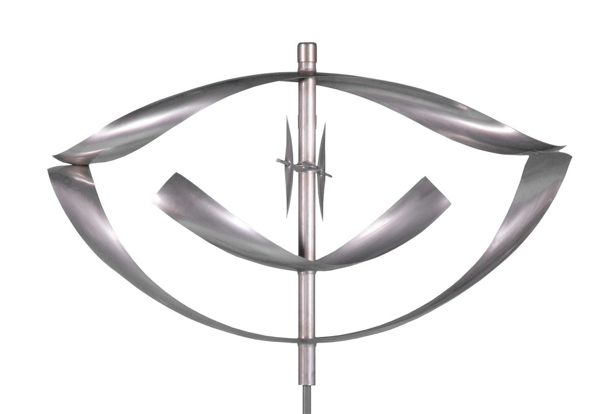 The Elements - Fire - Stainless Steel is a modern abstract metal sculpture featuring a central vertical rod and curved blades resembling an eye. Its sleek, polished finish evokes Lyman Whitakers style, making it an eye-catching centerpiece that suggests movement and balance in any art gallery.
