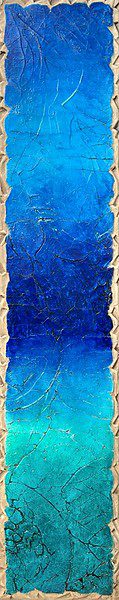 Emerald Everyday by Rolinda Stotts is a vertical abstract mixed media painting. It showcases textured blue hues transitioning from deep navy at the top to bright turquoise at the bottom, complete with beige, jagged edges.