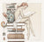 In the stone lithograph Ex Libris by Michael Parkes, a woman in white reads an open book beside a small winged creature with a closed one, seated on a stack of books and softly illuminated by a lamp on the left.