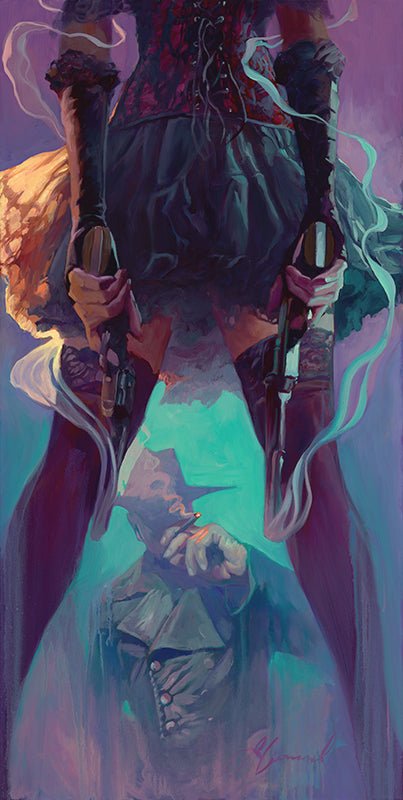 A dramatic painting in Gabe Leonards narrative style, Fantasy Island features a woman in lace gloves with two smoking guns. She stands over a man with a hat and cigarette amidst vibrant purple and teal tones, adding an edge of intrigue.