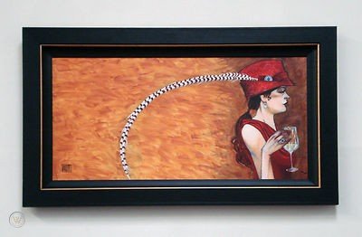 The painting Feather In Her Cap depicts a woman in profile, elegantly dressed in a red dress with a feathered hat, holding a wine glass. It features an amber background framed in black, showcasing the distinctive style of Marcus Ashley Gallery.