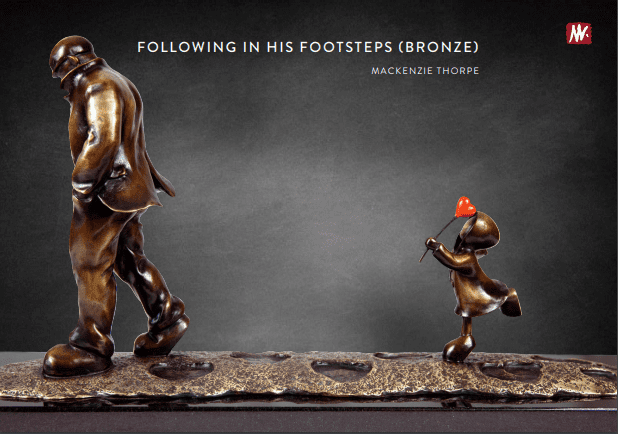 Following in His Footsteps - Bronze by Mackenzie Thorpe depicts a man with a child trailing behind, holding a red heart-shaped balloon against a neutral gray backdrop, with a textured path highlighting their journey.