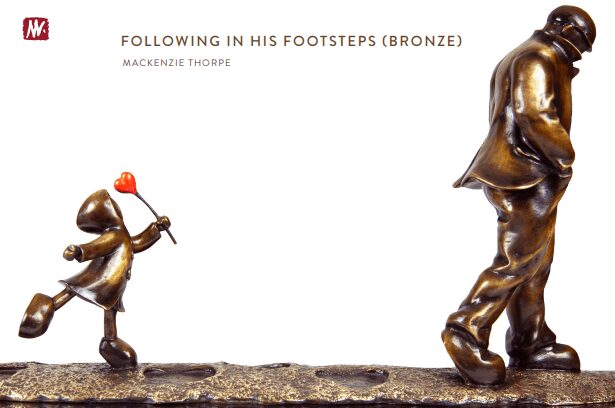 Mackenzie Thorpes Following in His Footsteps - Bronze is a captivating sculpture depicting a child with a red heart joyfully trailing an adult, embodying love and admiration.