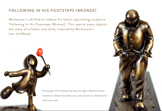 Mackenzie Thorpes bronze sculpture, Following in His Footsteps, depicts a whimsical moment where a child with a red lollipop joyfully skips behind their father, showcasing inspiration and superb craftsmanship.