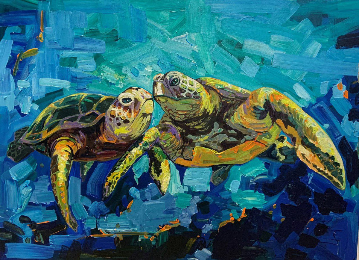 2 turtles kissing under water acrylic on canvas fine art print by steve barton