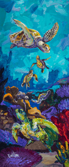 A colorful painting titled Honu Family depicts baby turtles swimming through a vibrant underwater scene filled with blue tones and coral reefs, with five turtles gracefully moving, creating a lively sense of marine life.