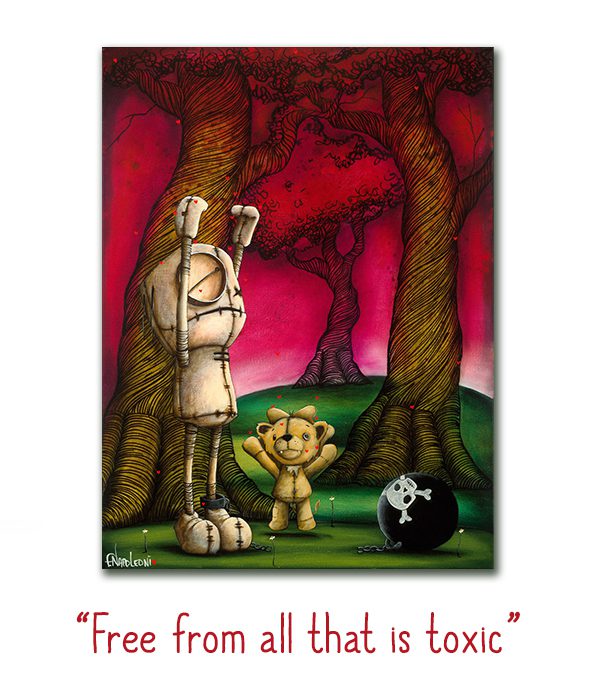 Fabio Napoleonis limited-edition work, Free From All That Is Toxic, depicts two figures with raised arms in a vivid forest. A smaller bear-like figure stands by a skull-decorated ball amid vibrant colors.