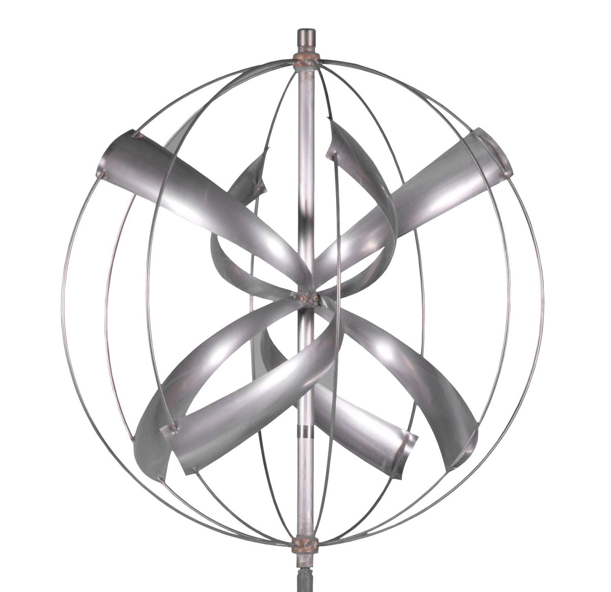 The Galaxy - Stainless Steel wind turbine has a sleek, modern design with curved metal blades in a spiral pattern for vertical rotation, resembling contemporary art and looking like Lyman Whitakers elegant wind sculptures.