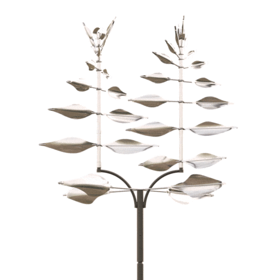 Animated gif of a stainless steel, two-pronged spinning sculpture by Lyman Whitaker.