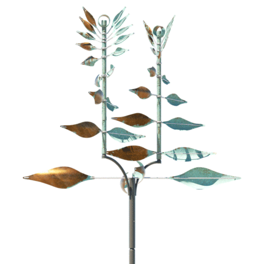 Animated gif of a spinning two-pronged metal sculpture called Gemini by Lyman Whitaker.