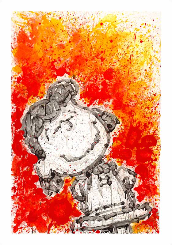 Girlfriend Dreams, a contemporary artwork, features a black-and-white cartoon character resembling Lucy from Peanuts, with curly hair and a dress, set against vibrant red and orange paint splatters. This art piece balances the energetic background with the characters calm expression.