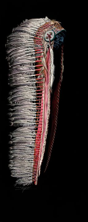 Art by Sally Maxwell, a headdress done on a black background.