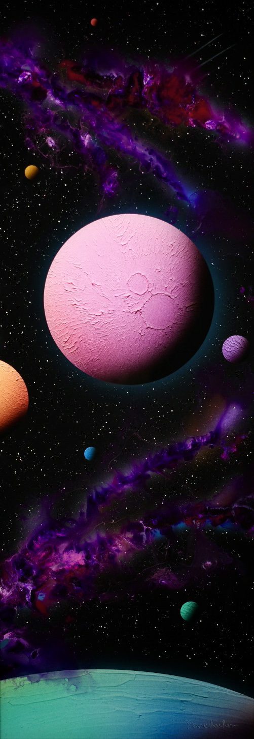 The Hand Picked features a pink planet encircled by smaller, vibrant planets against a starry black backdrop, with wispy purple and red nebulae adding depth and vastness to this stunning cosmic art.