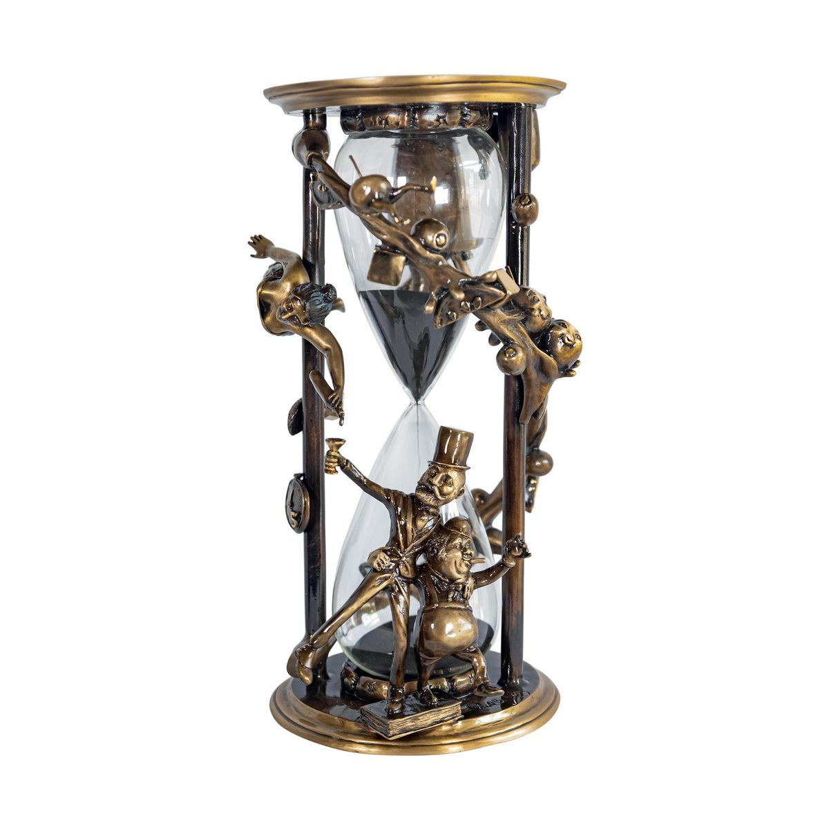 The Happy Hour hourglass, featuring whimsical bronze figures like a top-hat man and an owl from the sculpture series, offers playful art around its glass sand chamber.