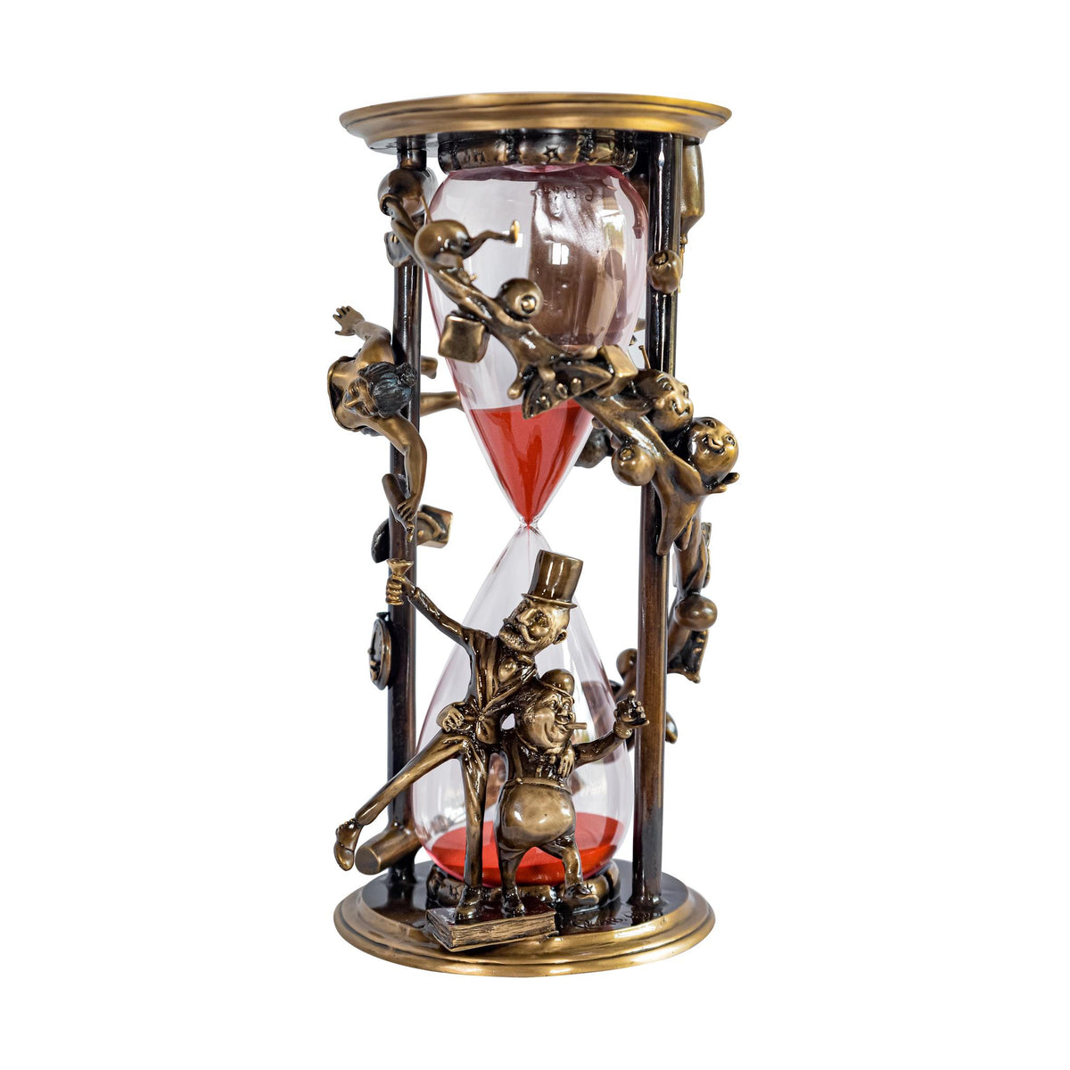 The Happy Hour timepiece by Paul Lotz has whimsical bronze-colored figures along its sides, red sand inside, and includes a spinner, creating a playful and intricate design.