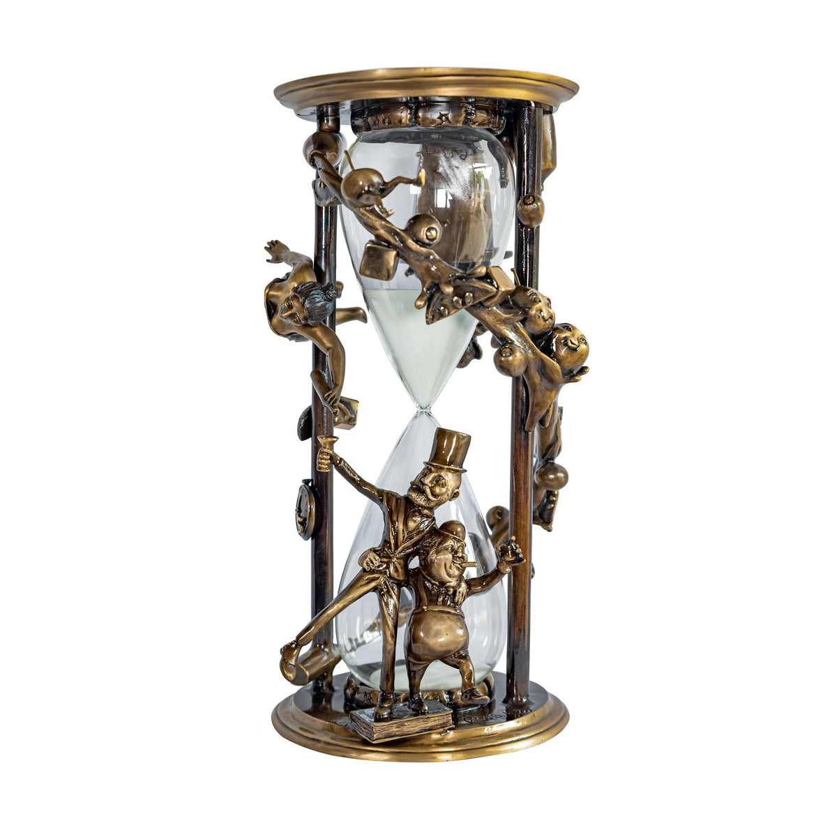 Steampunk-inspired Happy Hour sculpture by Paul Lotz features whimsical characters climbing ornate brass elements and gears on a bronze hourglass, adding a vintage touch.