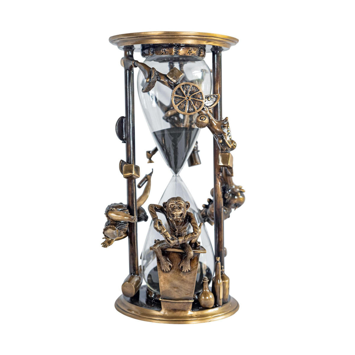 The exquisite bronze sculpture Happy Hour, by Paul Lotz, includes an intricate hourglass plus small sculptures of a monkey, saxophone, and horse blending whimsy with a steampunk aesthetic.