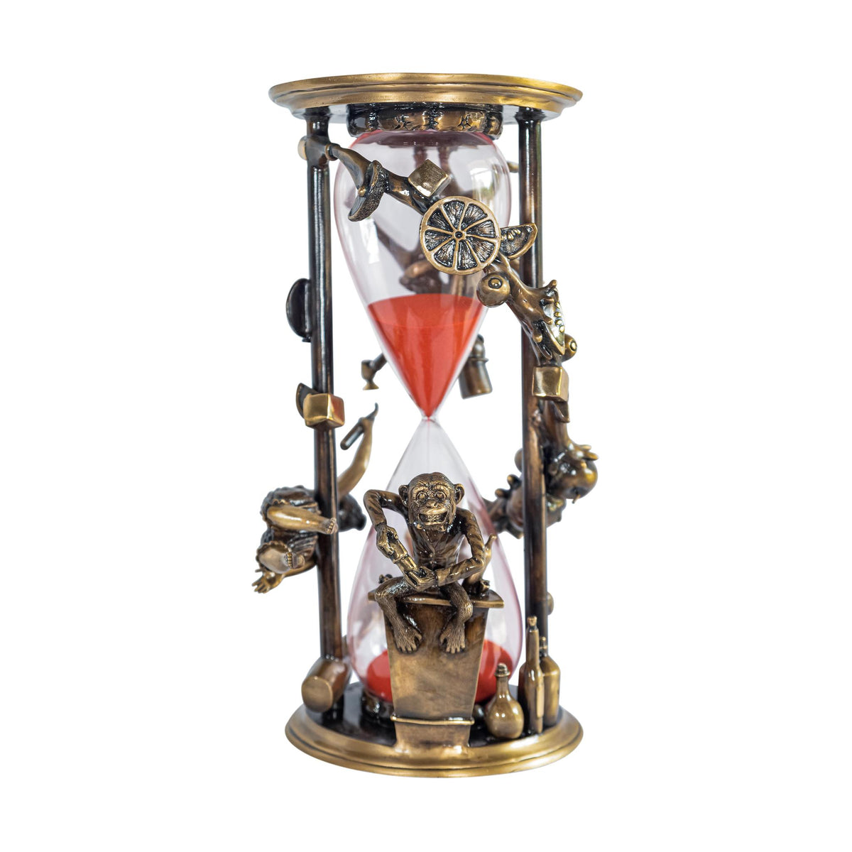 This ornate Happy Hour by Paul Lotz features a mesmerizing hourglass with red sand, surrounded by bronze-colored figures and objects, including a playful monkey, all in an intricately decorative metallic frame.