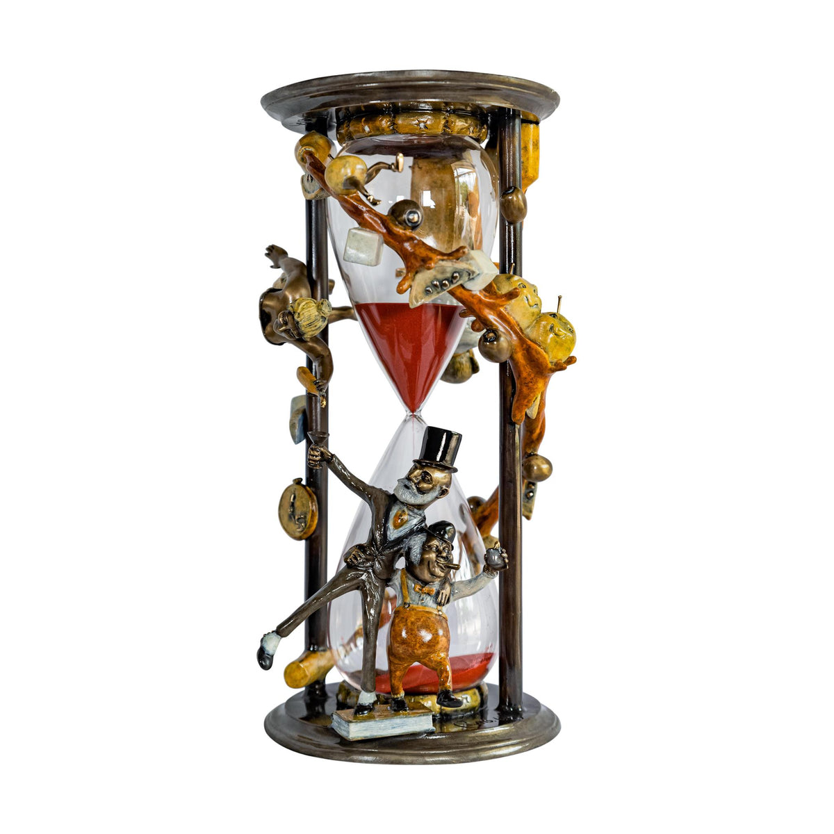 The Happy Hour hourglass features red sand and intricate steampunk-style designs with gears, pipes, and a whimsical top-hat figure, echoing Paul Lotzs vintage mechanical aesthetic.