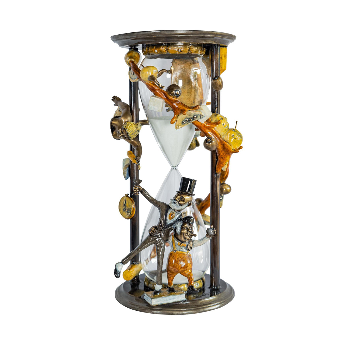 The Happy Hour sculpture by Paul Lotz is a whimsical bronze hourglass featuring a top-hat monkey with a cane and companion, detailed with miniature clocks and golden accents. A sand-filled center completes this unique masterpiece. Now includes spinner.