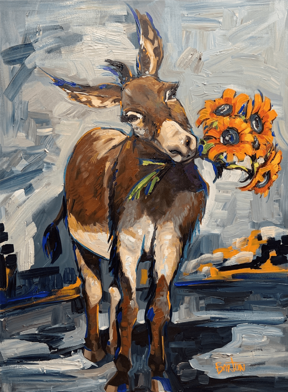 donkey with sunflowers in mouth art by steve barton