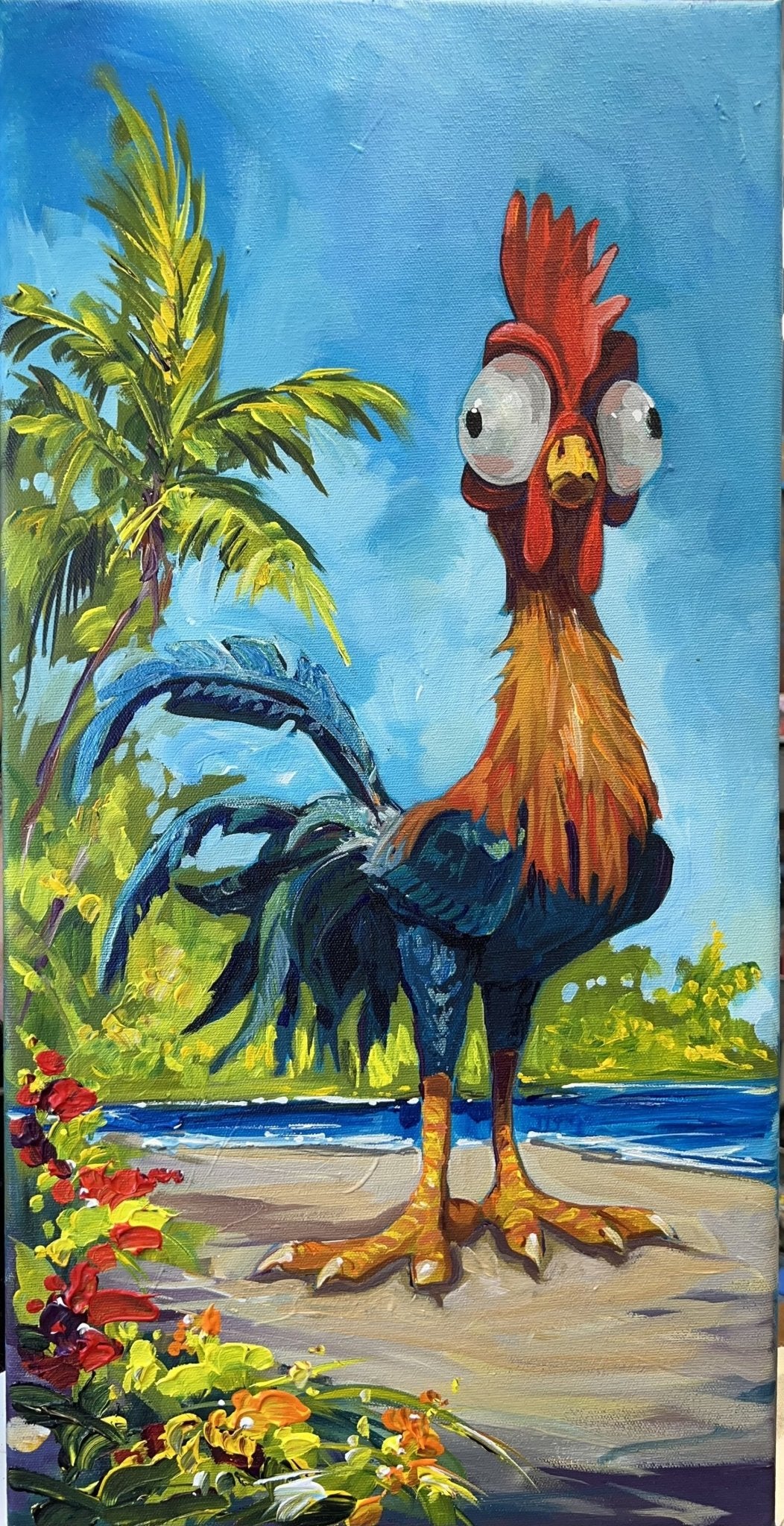 Hei Hei, a colorful, cartoonish rooster with vibrant feathers and wide eyes, stands on a path backed by palm trees and a blue sky. Bright flowers line the foreground in this whimsical scene reminiscent of a Steve Barton painting.