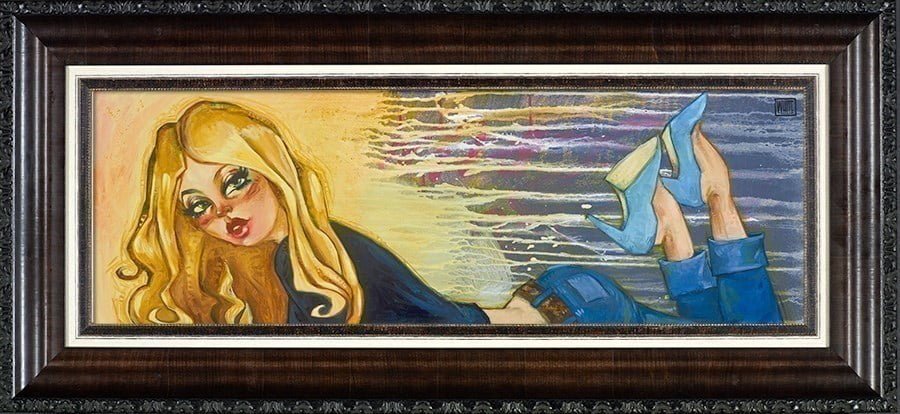 Highballs In Houston by Todd White showcases a stylish woman with long blonde hair, wearing a dark top, blue jeans, and light blue heels against an abstract backdrop. Elegantly framed, this limited edition piece is perfect for any fine art gallery.