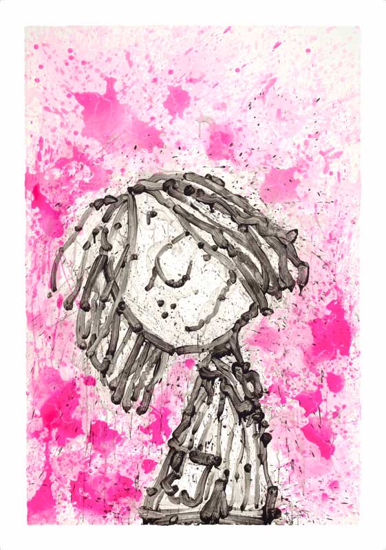 Home Girl Dreams is a contemporary art piece reminiscent of Tom Everharts dynamic style. It features an abstract figure with a round head and long hair in grayscale lines, set against an energetic contrast of vibrant pink-splattered background, as the thoughtful figure faces left.