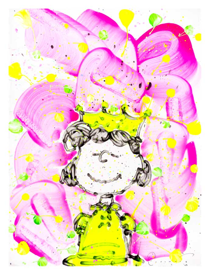 Homecoming Queen features a whimsical, child-like drawing of a smiling character in a golden crown and yellow outfit amid abstract swirls of pink, with yellow and green splatters. Its playful style blends Peanuts charm with pop art flair reminiscent of Tom Everhart.