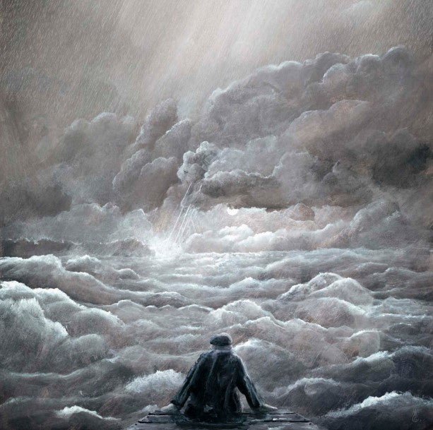 A person sits on a rooftop, admiring a dramatic cloudy sky with light beams piercing through, evoking hope and wonder like Mackenzie Thorpes giclée on paper work titled Hope, featuring swirling clouds and a misty atmosphere.
