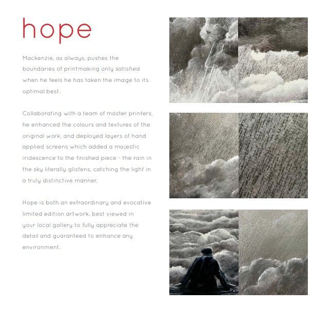 The Hope exhibition flyer highlights Mackenzie Thorpes striking abstract grayscale images of rain and clouds. It details his innovative printmaking process using giclée on paper in a captivating local gallery exhibit.