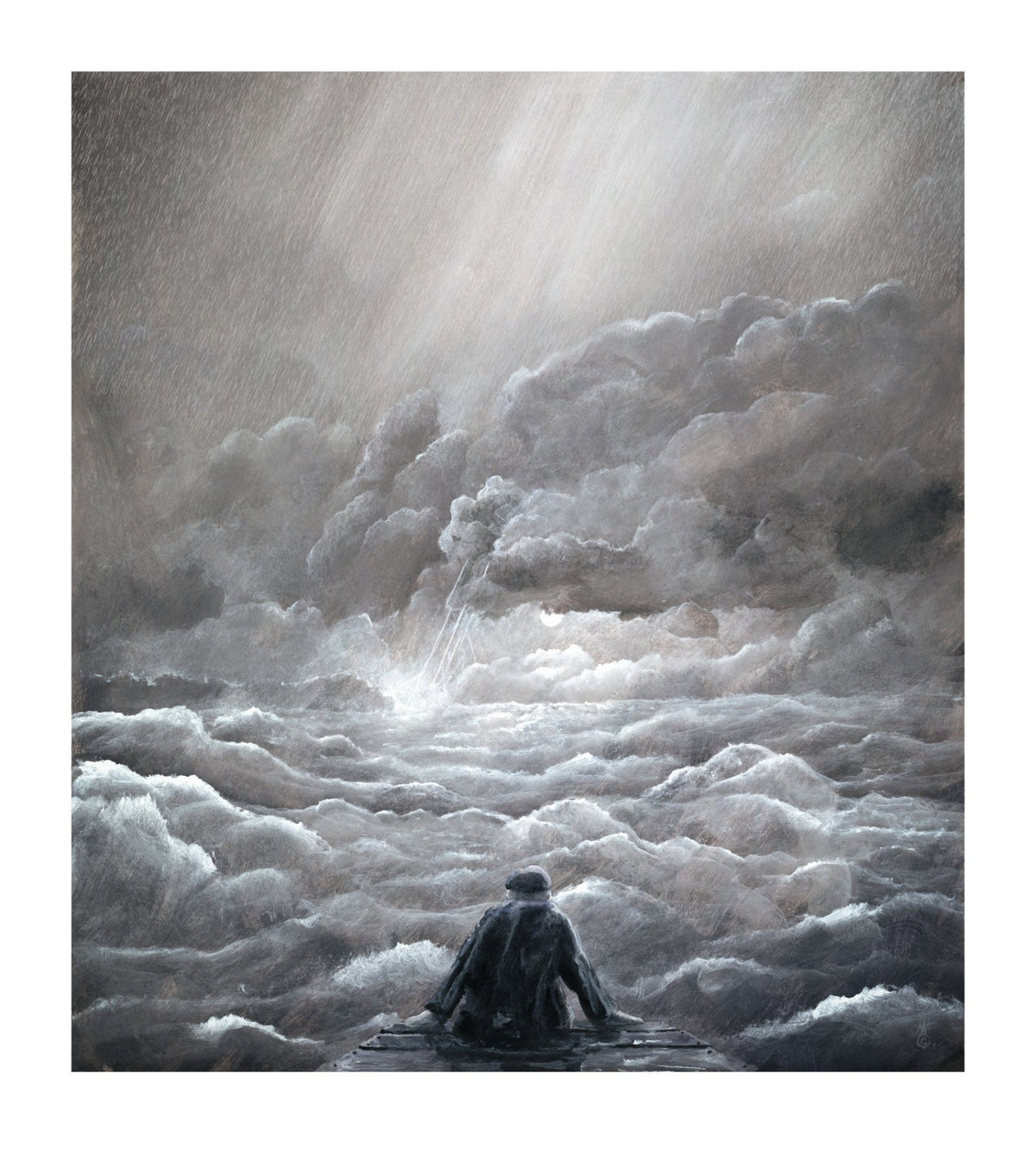 A person sits on a ledge, overlooking a tumultuous cloudscape reminiscent of Mackenzie Thorpes emotive style. The grayscale scene with dramatic storm clouds and light breaking through evokes hope and wonder in an intense setting like the Hope giclée on paper masterpiece.