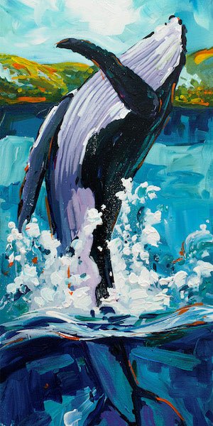 Humphrey is a compelling giclée on canvas, showcasing a humpback whale breaching the ocean surface with splashes of water. Vibrant blues and greens paint the sea and sky, as orange and yellow tones animate Steve Bartons lively seascape.