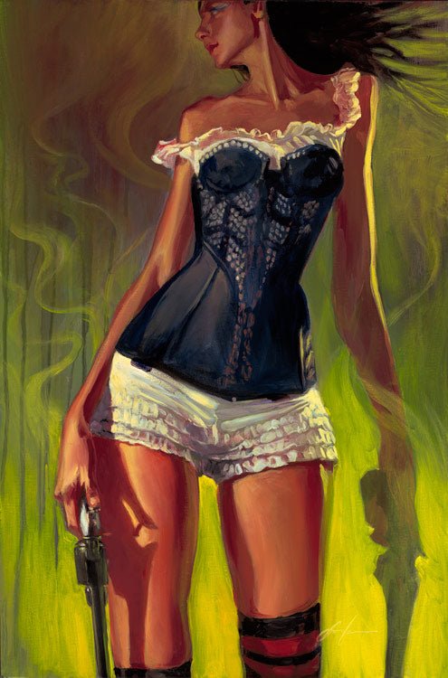 I Shot the Deputy by Gabe Leonard features a rebellious woman against a green-yellow backdrop, wearing a dark corset with frills, white shorts, and black stockings. Her flowing hair and gun embody feminine strength.
