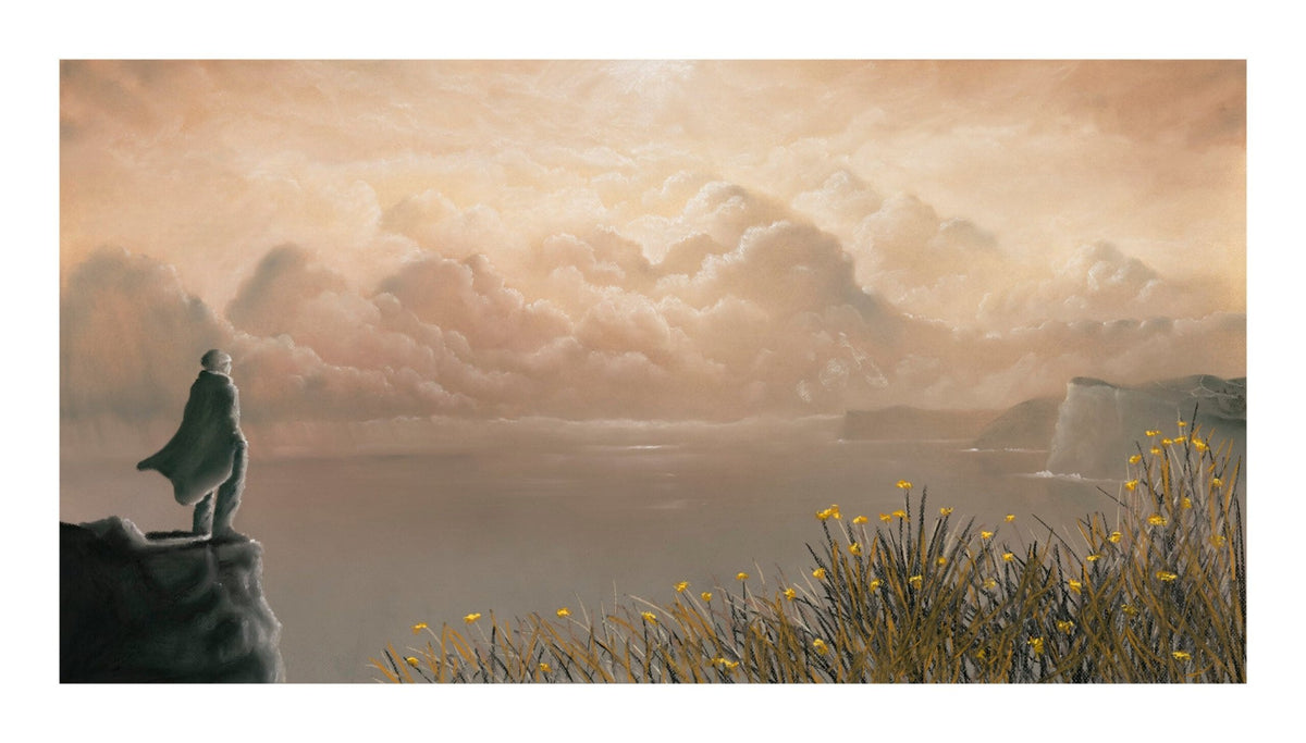 A lone figure in a coat stands on the white cliffs of Dover, gazing at the ocean under dramatic clouds. Yellow flowers sway in the breeze, creating a scene reminiscent of Mackenzie Thorpes Its a Wonderful Day pastel masterpiece.