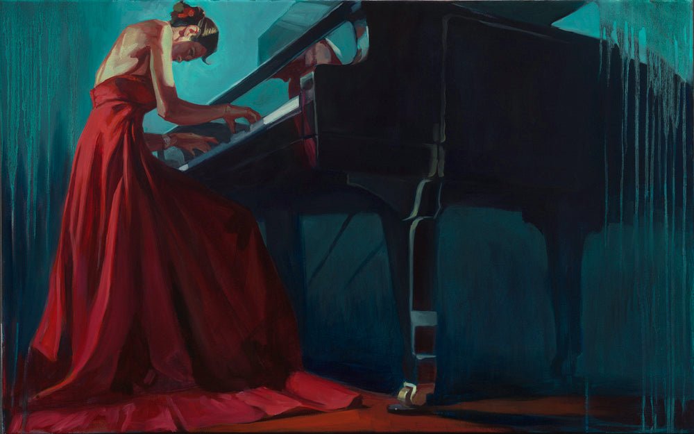 A woman in a flowing red dress leans over a grand piano, playing with dedication, as dramatic lighting highlights her vibrant attire against a moody backdrop, creating an artwork rich with passion and emotion; its truly It Takes More Than Talent.