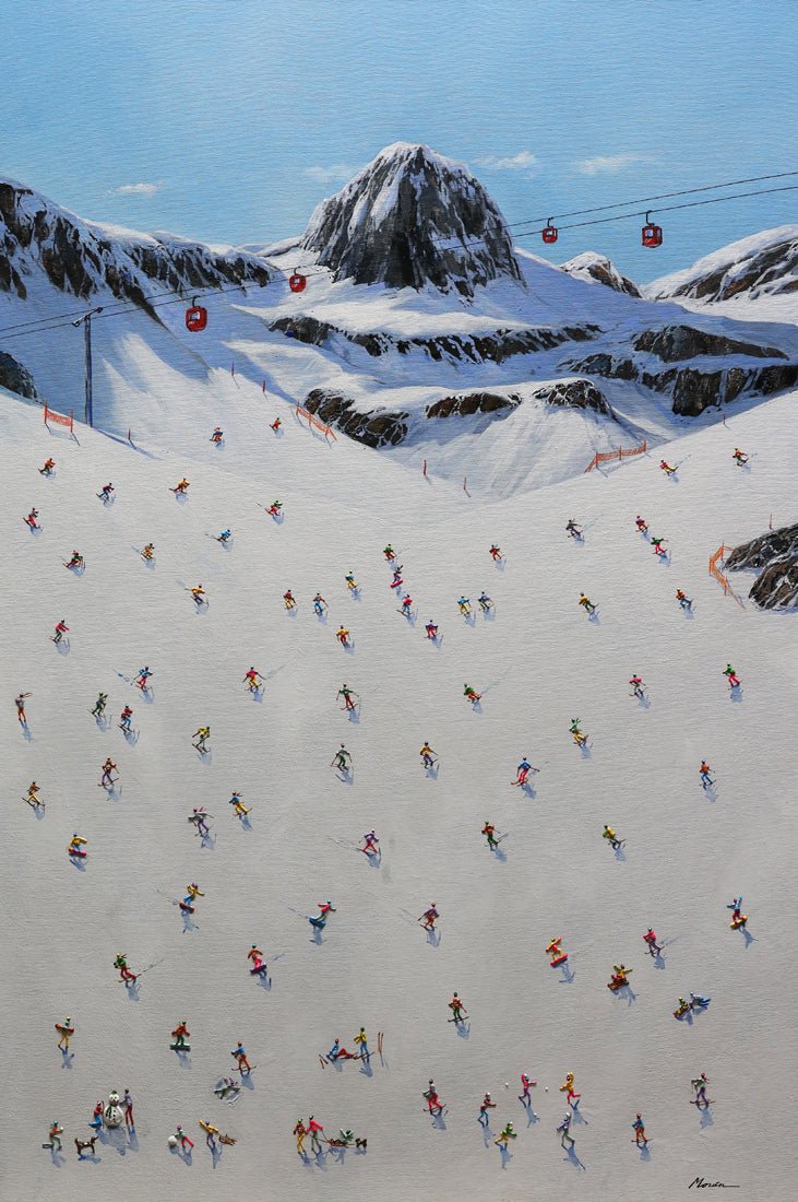 Its All Uphill From Here showcases a lively snowy mountain scene in mixed media on canvas, with skiers racing down a broad slope. A rocky peak looms in the background and red cable cars soar overhead against a brilliant sky.