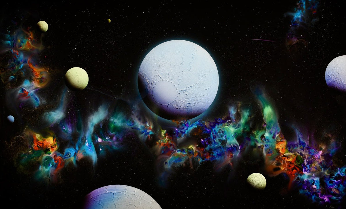 The cosmic scene Its A Double Rainbow showcases planets of various sizes set against a starry backdrop, enhanced by vibrant nebulae and gas clouds swirling in blue, green, and orange hues, creating a mystical space environment.