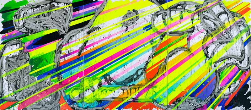 This lively abstract artwork, Ive Got Ants In My Pants, mimics pop art with neon diagonal stripes of pink, yellow, green, and blue. Its chaotic gray, textured background evokes the playful style of Tom Everharts iconic Peanuts characters.