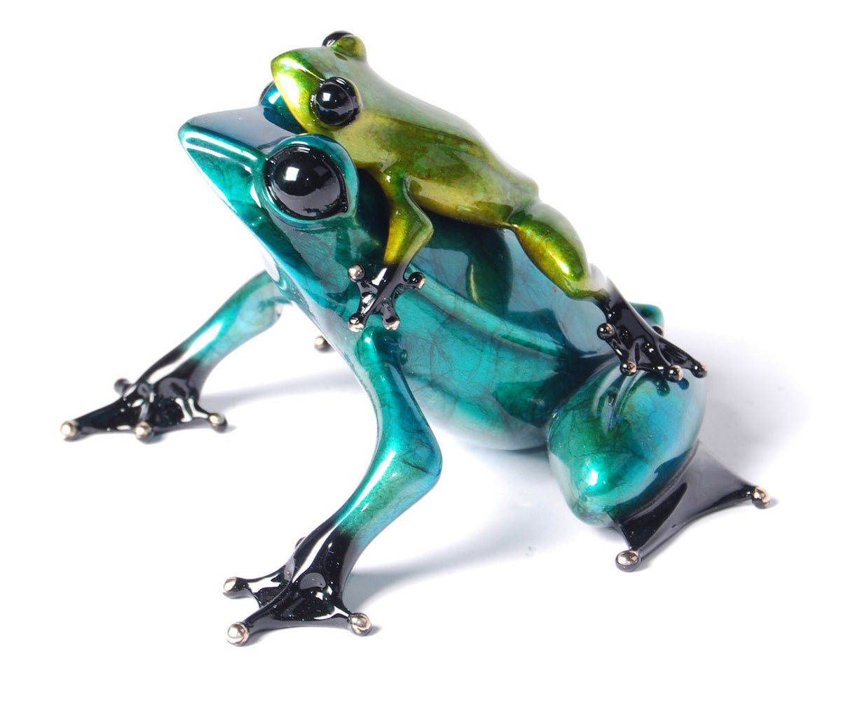 Joy Ride by Tim Cotterill is a glossy, multicolored Frogman sculpture with two frogs—a larger teal frog with black eyes and feet, carrying a smaller green frog on its back—showcasing intricate details.