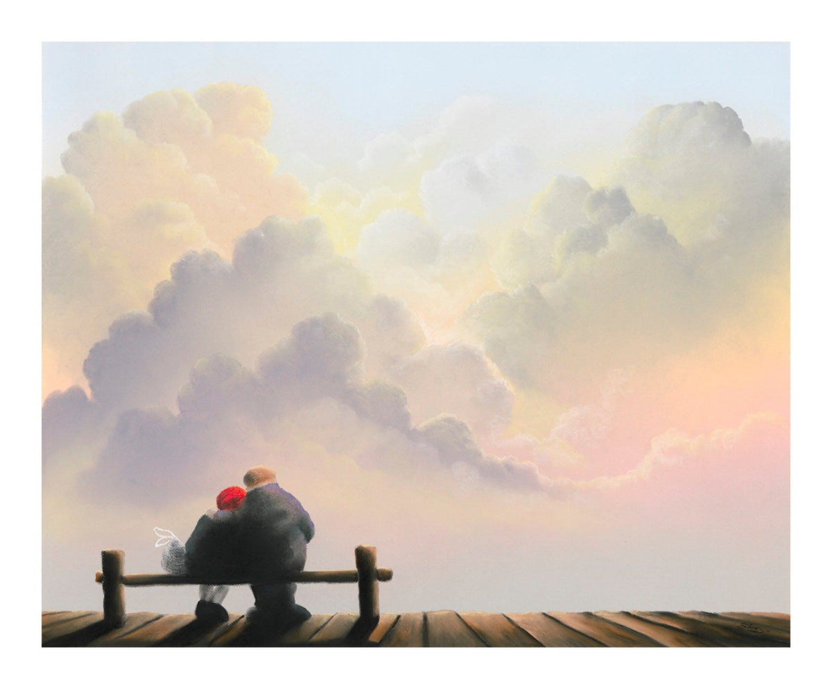 cloudy day with 2 people sitting on a bench together pastel artwork by mackenzie thorpe