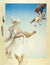 The Khensu artwork, reminiscent of Michael Parkes, depicts a robed figure with horn-like hair welcoming an eagle on the arm. Two dog-like creatures gaze up at a delicate crescent moon in the blue sky.