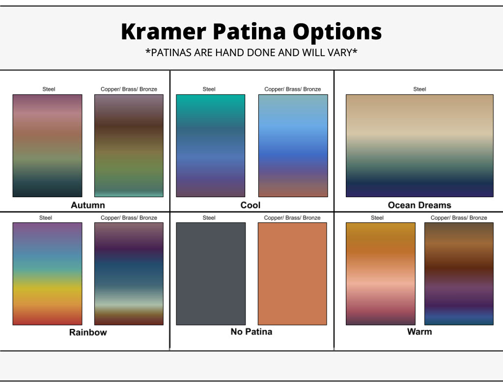 Chart displaying Kramer Patina Options for Intimacy on steel, copper, and brass/bronze. Includes Autumn, Cool, Ocean Dreams, Rainbow, No Patina, and Warm samples. Note: Patinas are hand done and will vary.