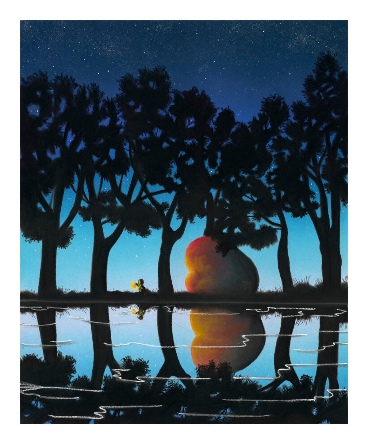 The vibrant scene in Lighting The Way shows a blue night sky with stars over a tranquil lake, reflecting silhouetted trees and a large multicolored shape. A small figure holds a yellow light at the waters edge, embodying Mackenzie Thorpe’s themes of family and love.