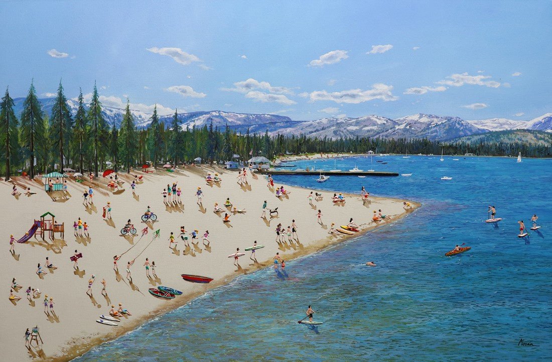 Lake Tahoe on My Mind is a vibrant mixed media piece depicting a sunny beach scene at Lake Tahoe with people sunbathing, swimming, and enjoying water activities. Pine trees line the shore as majestic mountains rise in the distance under a cloud-kissed blue sky.