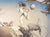 Surreal artwork inspired by Michael Parkes: A balancing female figure in white holds a mask and ball, standing on a ledge above a sci-fi creature. Whimsical characters surround them against a pale sky, echoing the enchantment of the Last Circus.